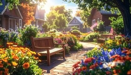 Outdoor communal garden surrounded by flowers and greenery, and shared barbecue 