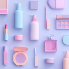 Colorful beauty products are neatly arranged on a pastel purple background. Items include lipsticks, skincare bottles, and eyeshadow palettes, creating a stylish display.