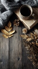 Aesthetic fall and winter elements arranged on antique wooden floor, cinematic contrast, no text or logo