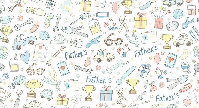 Charming Father's Day doodle pattern featuring gifts, tools, cars, and trophies for a happy celebration - Powered by Adobe