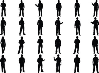 Silhouette people in standing poses with gestures and props, ideal for business, communication, diversity, posture study, and design reference.