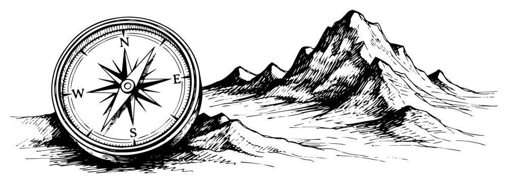 Vintage Sketch of a Compass in a Mountain Landscape for Travel and Adventure