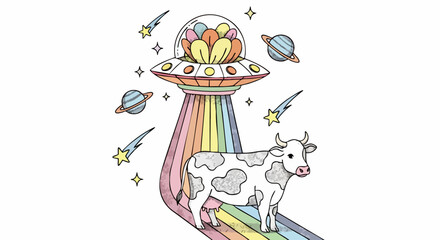 Whimsical cow beamed up by a colorful UFO, a fun and creative illustration for design projects