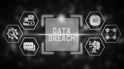 Grayscale digital data breach concept with AI and network icons on a blurred dark background cybersecurity - Powered by Adobe