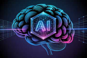 Abstract glowing ai brain with digital circuitry and hexagonal ai symbol