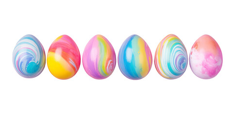 A collection of six colorful marbled easter eggs arranged in a row, isolated on a transparent background, celebrating the spring holiday with vibrant hues and playful patterns
