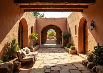 Fototapeta premium Serene southwestern courtyard with rustic charm and desert vibes, perfect for relaxation and outdoor gatherings