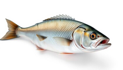 Fototapeta premium Single fresh sea bass, silvery scales, glistening skin, isolated, culinary, ingredient