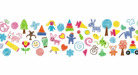 Vibrant crayon drawings of animals, trees, people, and shapes create a playful, childlike border design © Myanee