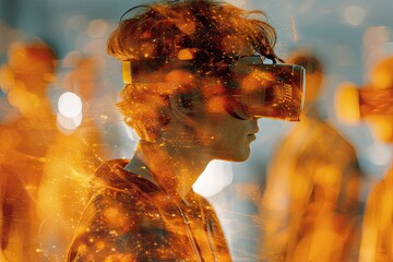 Person wearing virtual reality headset experiencing immersive digital world with fiery overlay.
