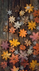 Warm-toned image of snowflakes blending into colorful autumn leaves on wood, natural look, no text or logo