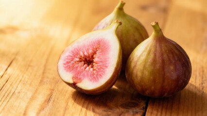 Obraz premium Close-up view of fresh figs, one sliced in half, displaying a beautiful interplay of pink and purple hues against a warm wooden surface.