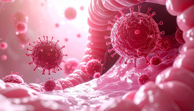 A detailed 3D illustration of pathogenic coronavirus particles circulating within a blood vessel or airway.