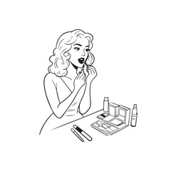 Black and white line art of a beautiful woman doing makeup at dressing table with mirror illustration