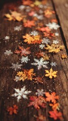 Warm-toned image of snowflakes blending into colorful autumn leaves on wood, natural look, no text or logo