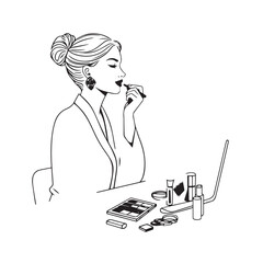 Black and white line art of a beautiful woman doing makeup at dressing table with mirror illustration