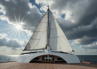 Luxurious yacht sailing adventure on open seas with dramatic sky and sunburst