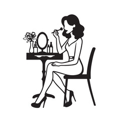 Black and white line art of a beautiful woman doing makeup at dressing table with mirror illustration