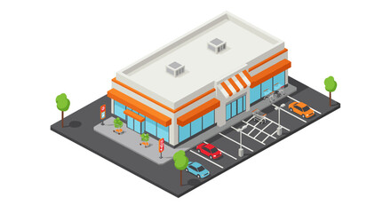 Modern isometric shopping center with parking and cars
