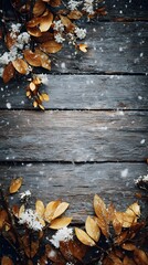Vintage wooden board with natural arrangement of fall leaves and gentle snowfall, no text or logo