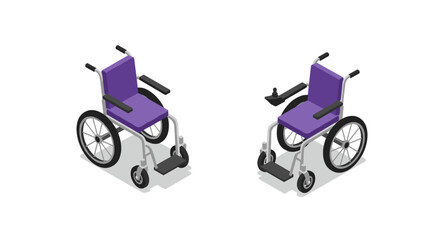 Isometric wheelchair pair featuring manual and electric designs in purple