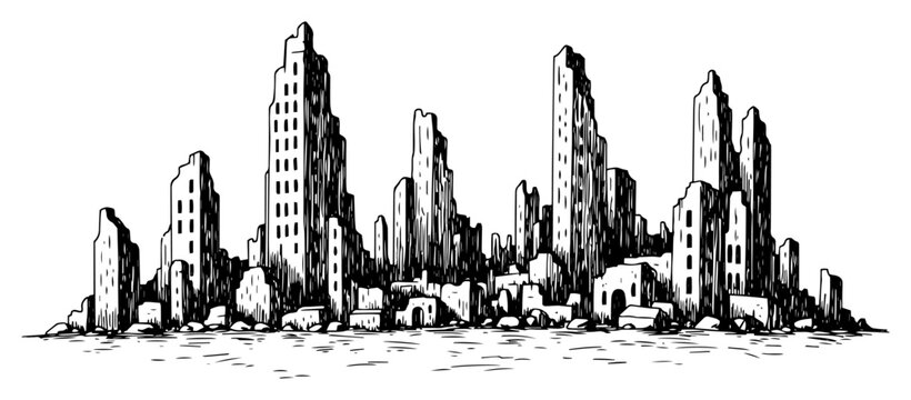 Post Apocalyptic City Ruins Landscape Sketch