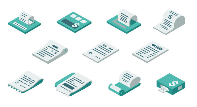 Isometric paperwork icons: invoices, receipts, financial documents