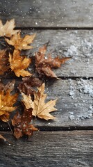 Vintage wooden board with natural arrangement of fall leaves and gentle snowfall, no text or logo