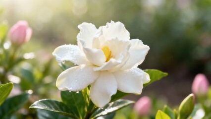 Fototapeta premium A radiant, white gardenia flower, glistening with dew drops, is in sharp focus against a soft, out-of-focus background of greenery and subtle sunlight.