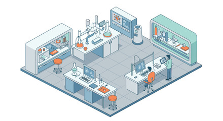Obraz premium Isometric scientific laboratory with researchers and advanced equipment in modern workspace