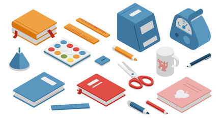 Isometric office supplies and stationery in modern colorful design