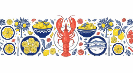 Vibrant seafood and citrus border design perfect for summer menus, invitations, and coastal themes