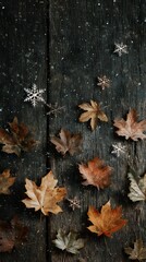 Whimsical flat lay of leaves and snowflakes on distressed wood, no text or logo