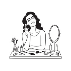 Black and white line art of a beautiful woman doing makeup at dressing table with mirror illustration