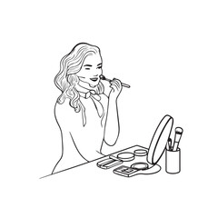 Black and white line art of a beautiful woman doing makeup at dressing table with mirror illustration