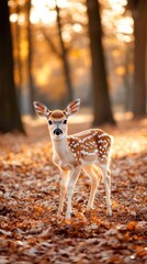 A delicate white-tailed deer fawn stands amid colorful autumn foliage, looking curiously at the camera as sunlight filters through the trees, illuminating the scene