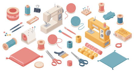 Colorful sewing supplies: isometric craft tools and yarn in a creative workspace