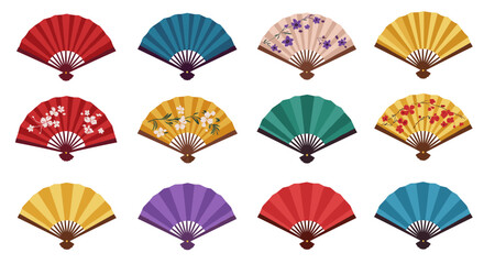 Decorative handheld fans with floral and plain designs in a variety of colors