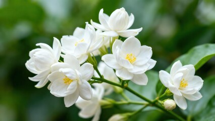 Obraz premium Close-up of beautiful, white jasmine flowers, showcasing delicate petals and vibrant green foliage.