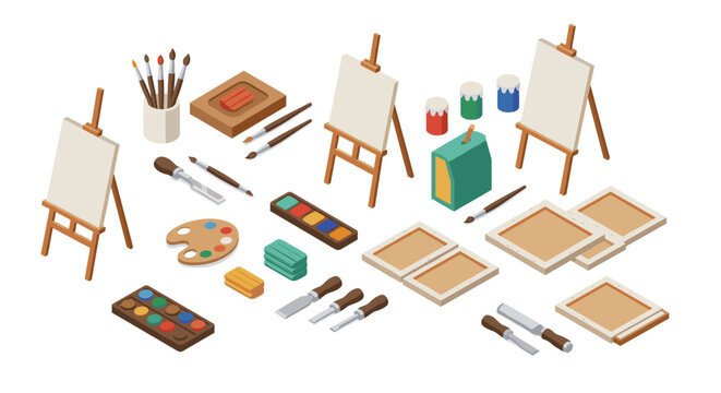 Art studio essentials: isometric painting tools and materials collection