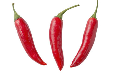 Three vibrant red chili peppers, showcasing their pointed shape and glossy skin, isolated on a...