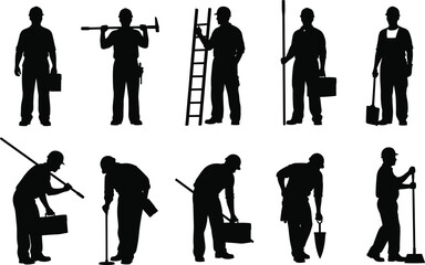 Obraz premium Construction worker silhouettes with tools and gear, ideal for labor, teamwork, safety, building, industrial site, and engineering illustration design.