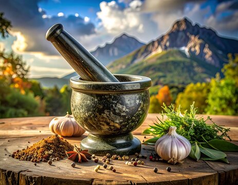 Rustic mortar and pestle with spices against a mountain backdrop