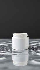 Open jar in the water: The pristine white jar sits elegantly amidst rippling water, inviting a sense of tranquility and purity. It's a moment of quiet grace and modern simplicity.