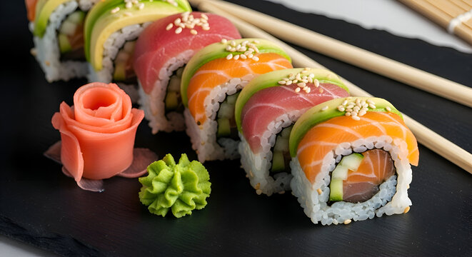 Colorful Sushi Roll with Salmon and Tuna on Black Plate.