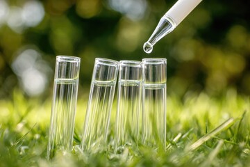 Laboratory test tubes with liquid being added, outdoor setting.