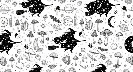 Enchanting witchy pattern with celestial magic, mushrooms, crystals, and a curious cat