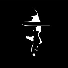 Black-and-white minimalist artwork of a man’s side profile in a fedora hat, creating a noir detective vibe perfect for posters, icons, or modern logo designs.