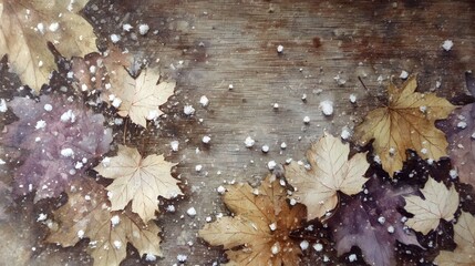 Muted wood tones with snow-speckled autumn leaves