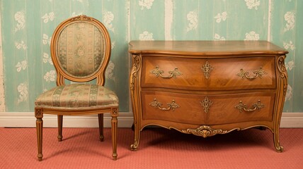 Elegant antique wooden dresser and ornate upholstered chair set against a vintage floral wallpaper backdrop